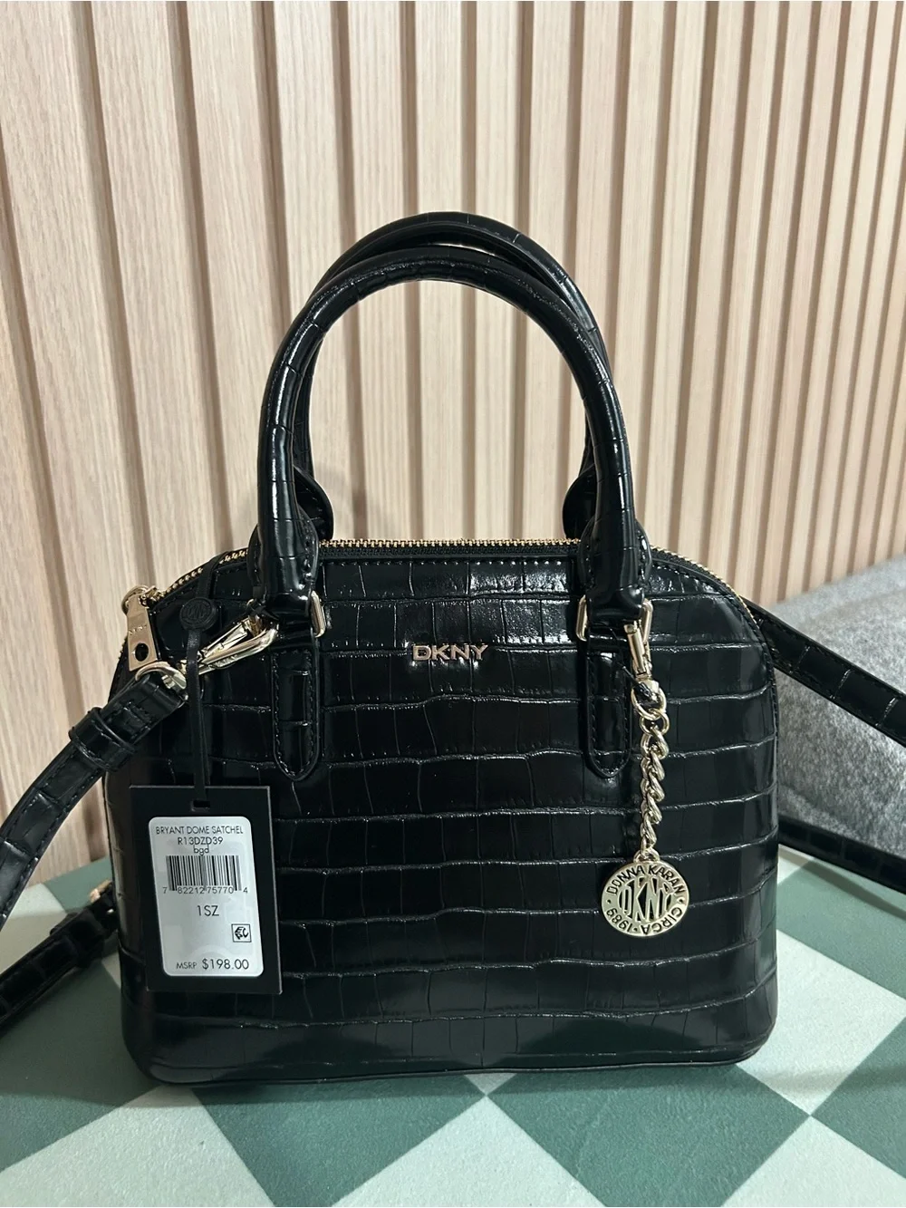 DKNY Black Croc-Embossed Satchel with Gold Hardware